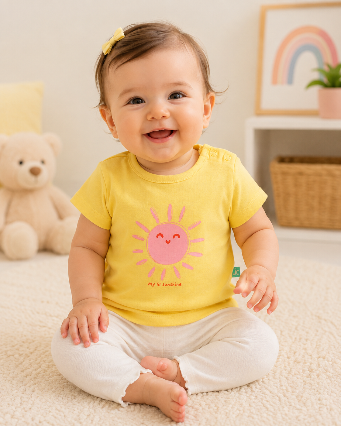 Baby Girls Yellow Sunshine Graphic Printed Cotton T-Shirt