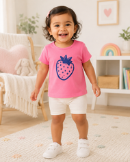 Baby Girls Pink Strawberry Graphic Printed Cotton T-Shirt