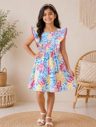 Girls Blue Coral Reef Print Cotton Dress