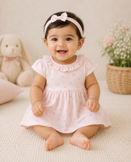 JusCubs Baby Girls Light Pink Floral Print Fit & Flare Dress with Ruffle Neck