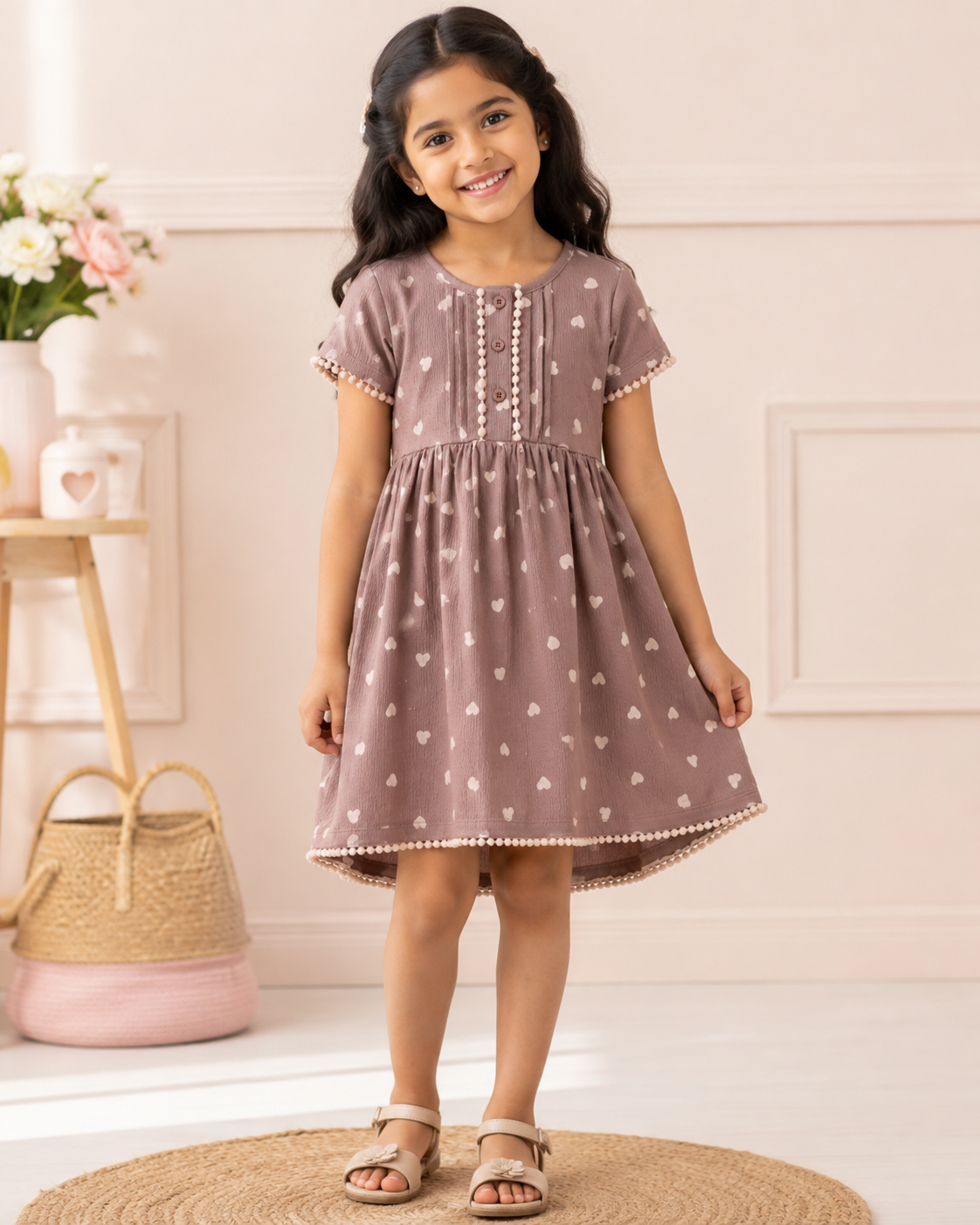 Girls Brown Heart Print Dress with Pom-Pom Lace Detail