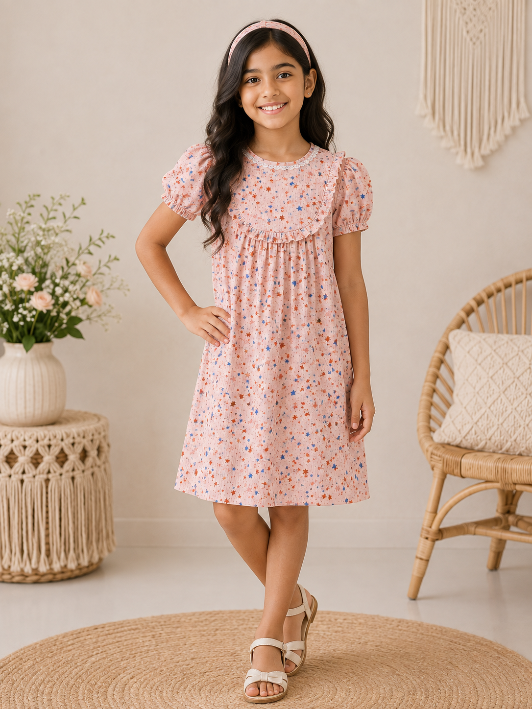 Girls Peach Star Print Ribbed Knit Dress with Ruffle Yoke