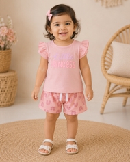 Girls Peach "Little Princess" Cotton T-Shirt & Printed Shorts Co-Ord Set