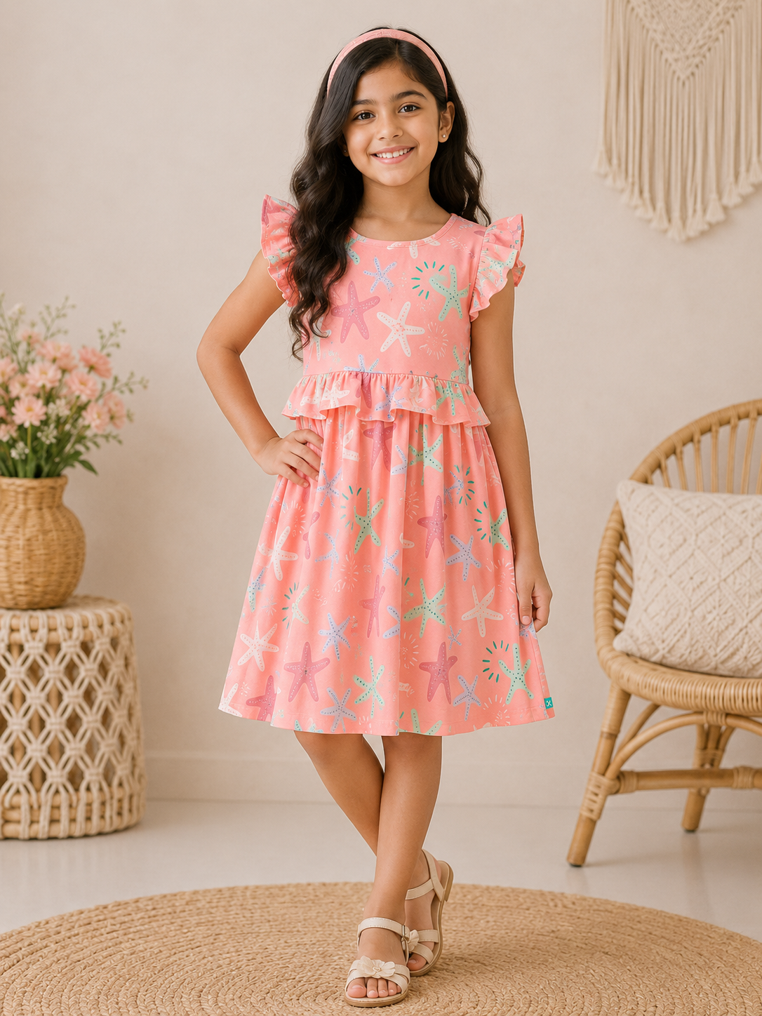 Baby Girls Beach Theme Starfish Print Dress – Soft Cotton
