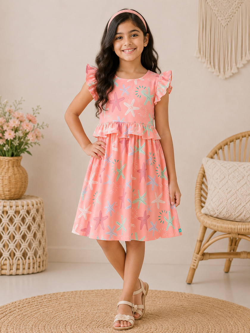 Baby Girls Beach Theme Starfish Print Dress – Soft Cotton
