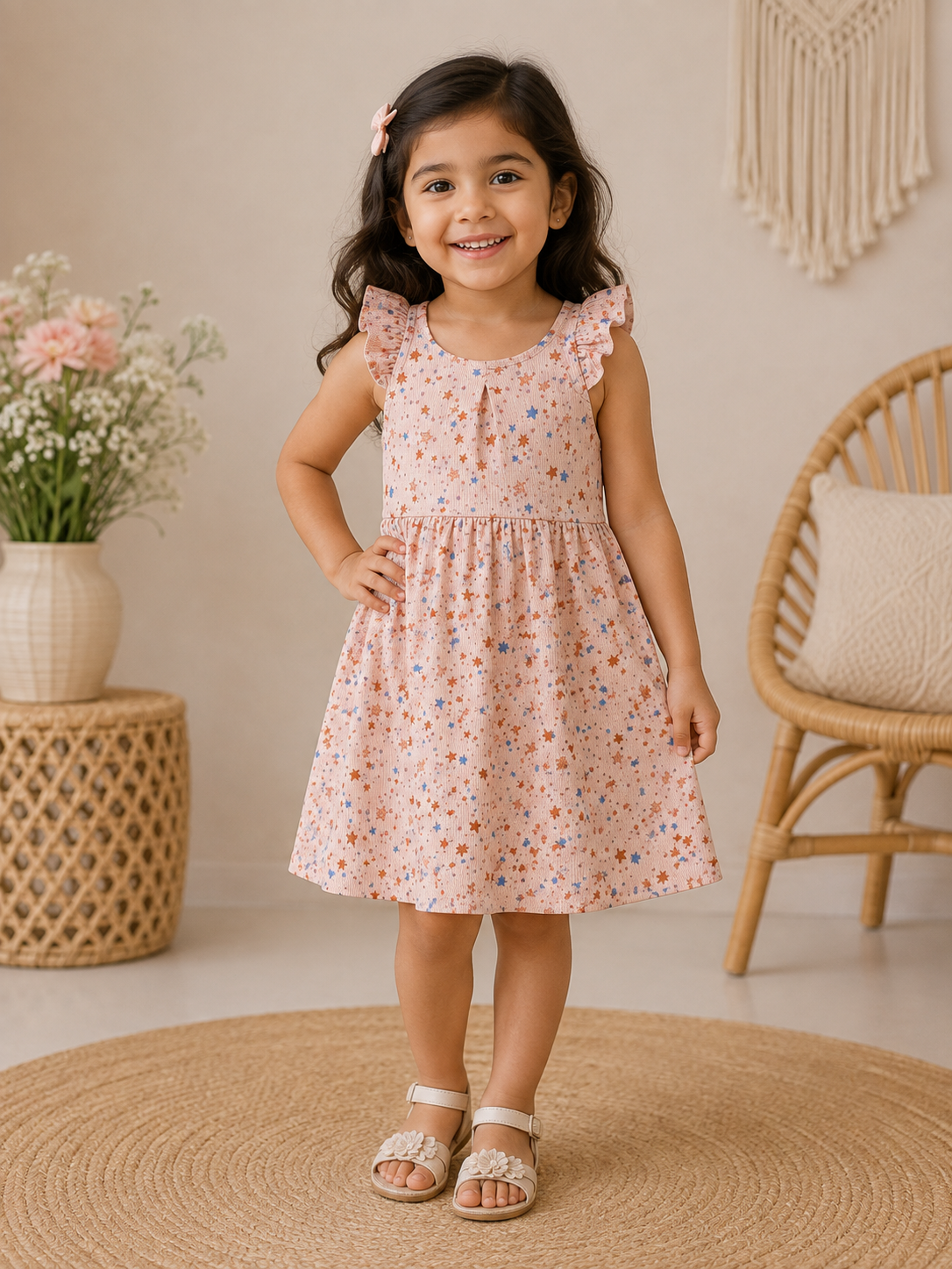 Baby Girls Soft Cotton Star Print Summer Dress – Peach