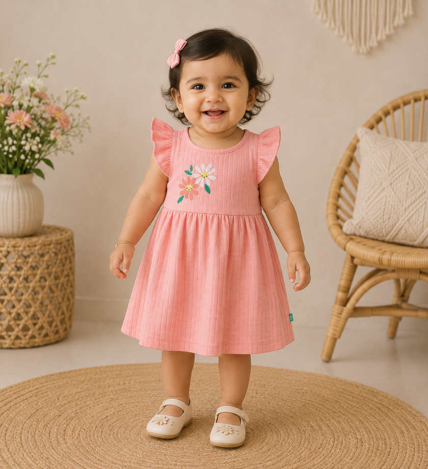 Baby Girls Ribbed Cotton Dress | Floral Embroidery | Ruffle Sleeves | Soft & Breathable Summer Outfit