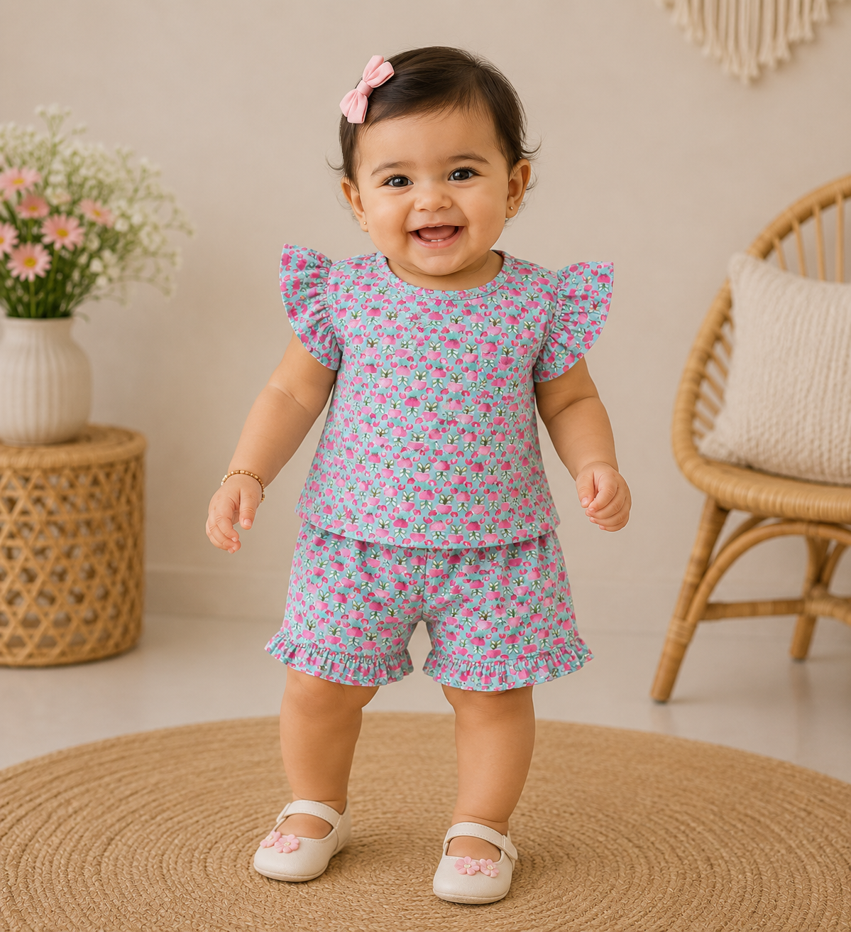 Baby Girls' Floral Ruffle Sleeve Top & Shorts Set – Pink & Green Bow Print
