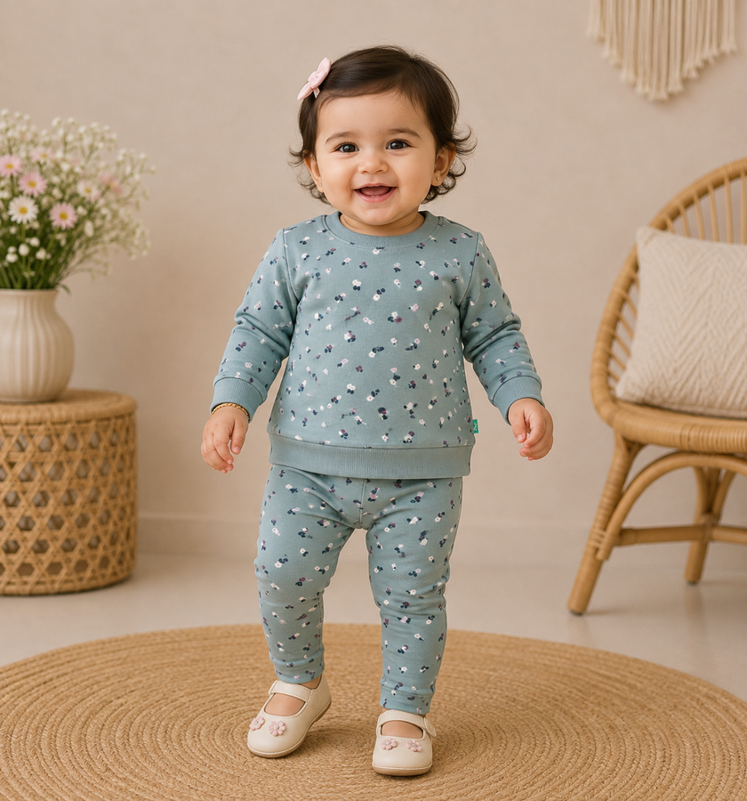 Girls Floral Printed Round Neck Long Sleeve Pure Cotton Clothing Set