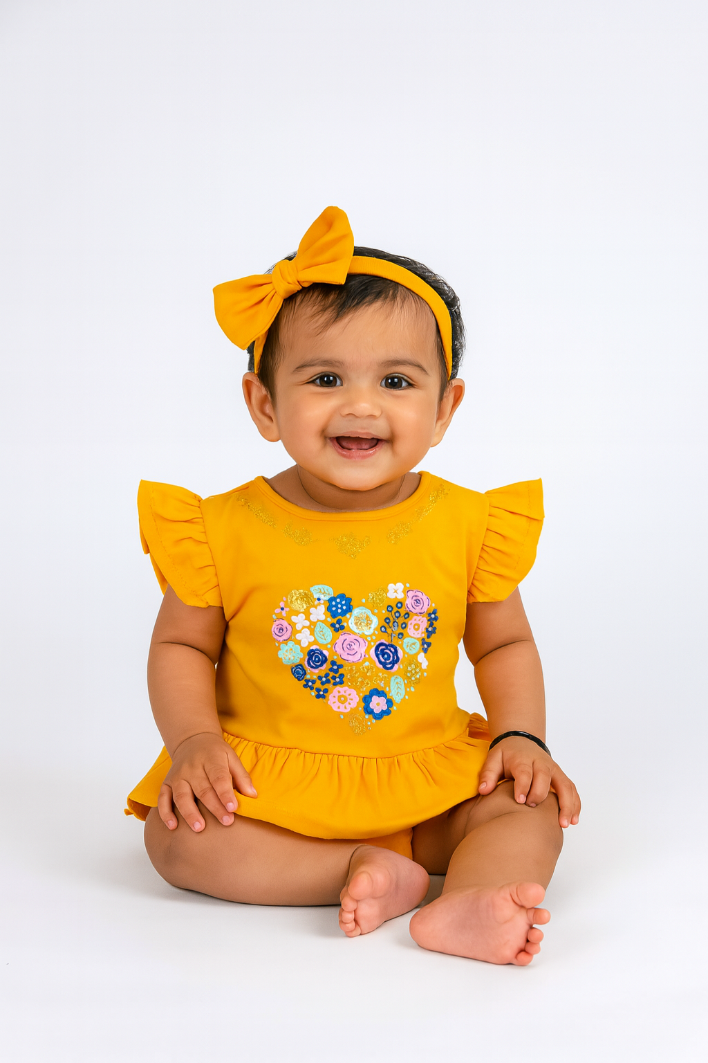 Baby Girls' Floral Heart Peplum Top – Mustard Yellow Ruffled Sleeve T-Shirt