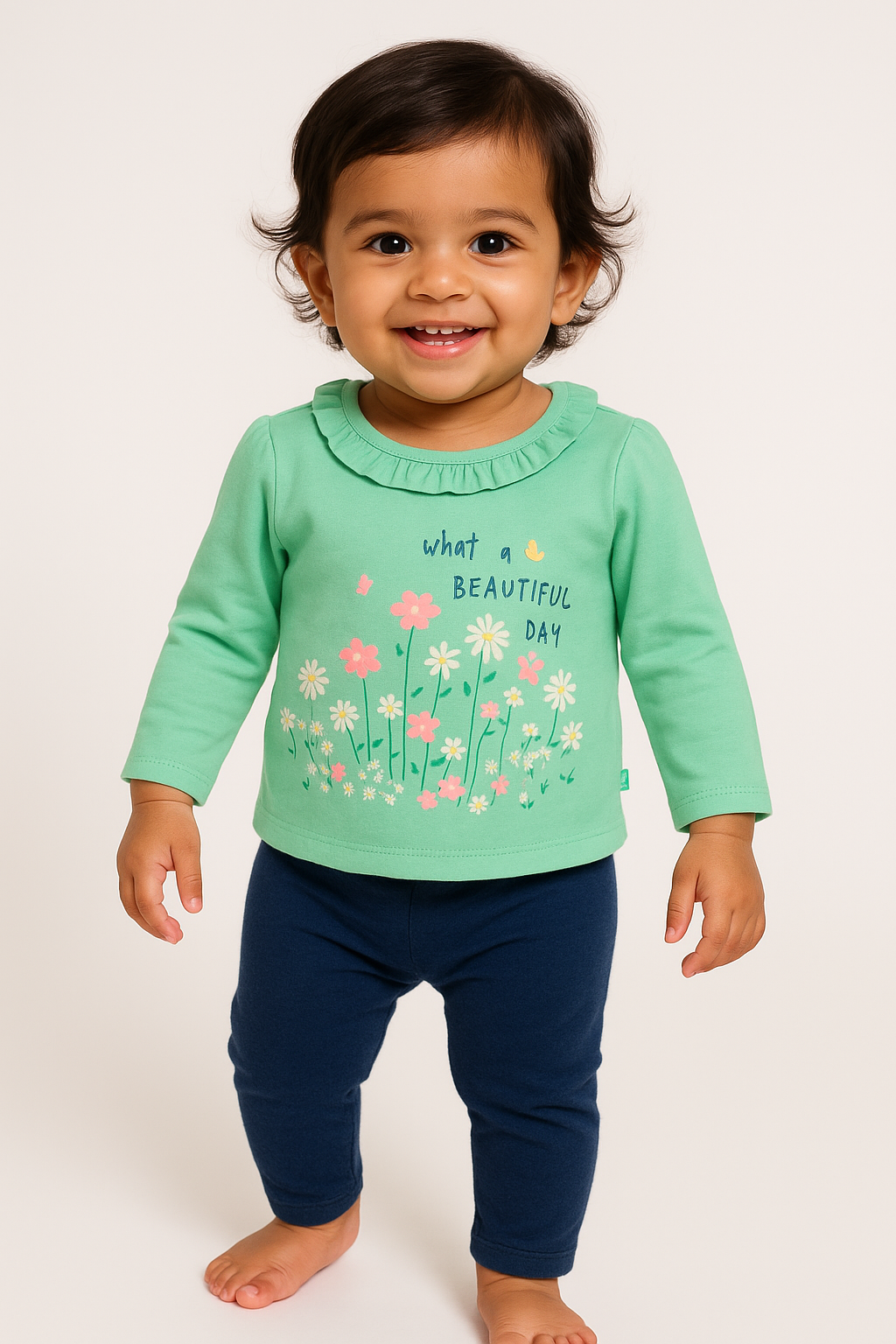 "Baby Girls' Green Full Sleeve Cotton T-Shirt with Floral Print & Ruffle Neck – 'What a Beautiful Day' Design"