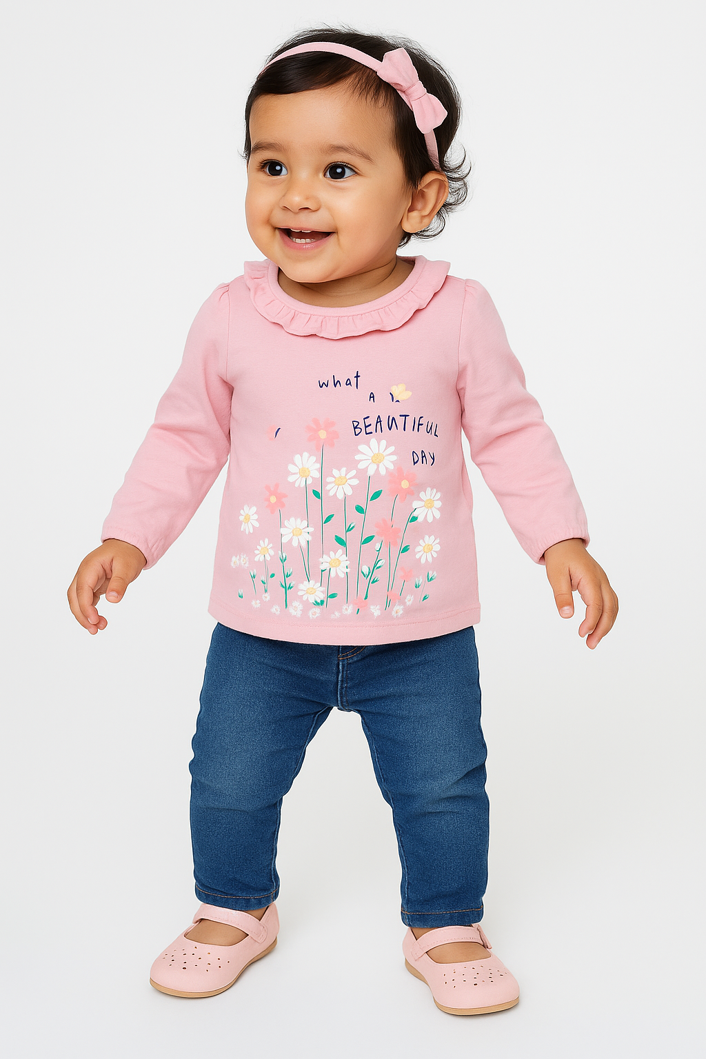 "Baby Girls' Pink Full Sleeve Cotton T-Shirt with Floral Print & Ruffle Neck – 'What a Beautiful Day' Design"