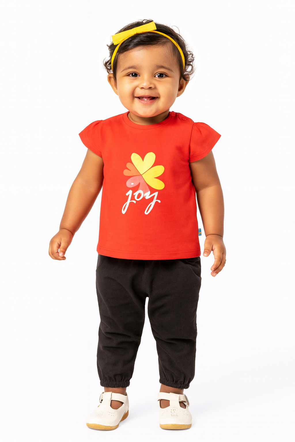 Baby Girls' Red "Joy" Puff Sleeve T-Shirt & Black Jogger Pants Set – Stylish Casual Outfit