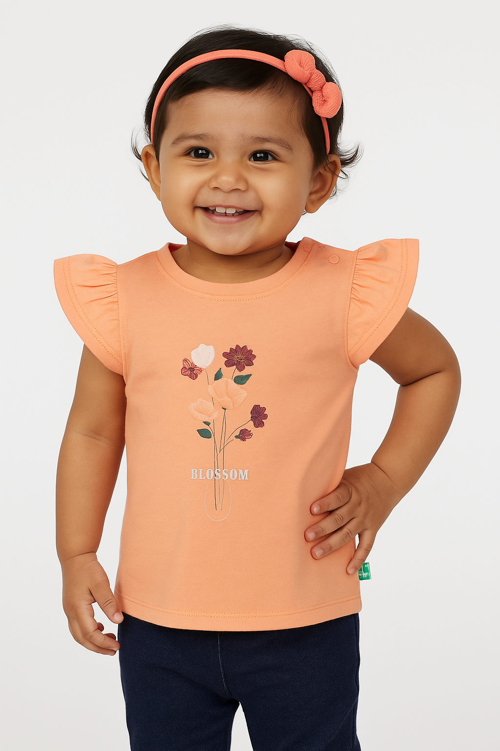 "Baby Girls Peach Ruffle Sleeve T-Shirt with Floral 'Blossom' Print – Soft Cotton Tee"