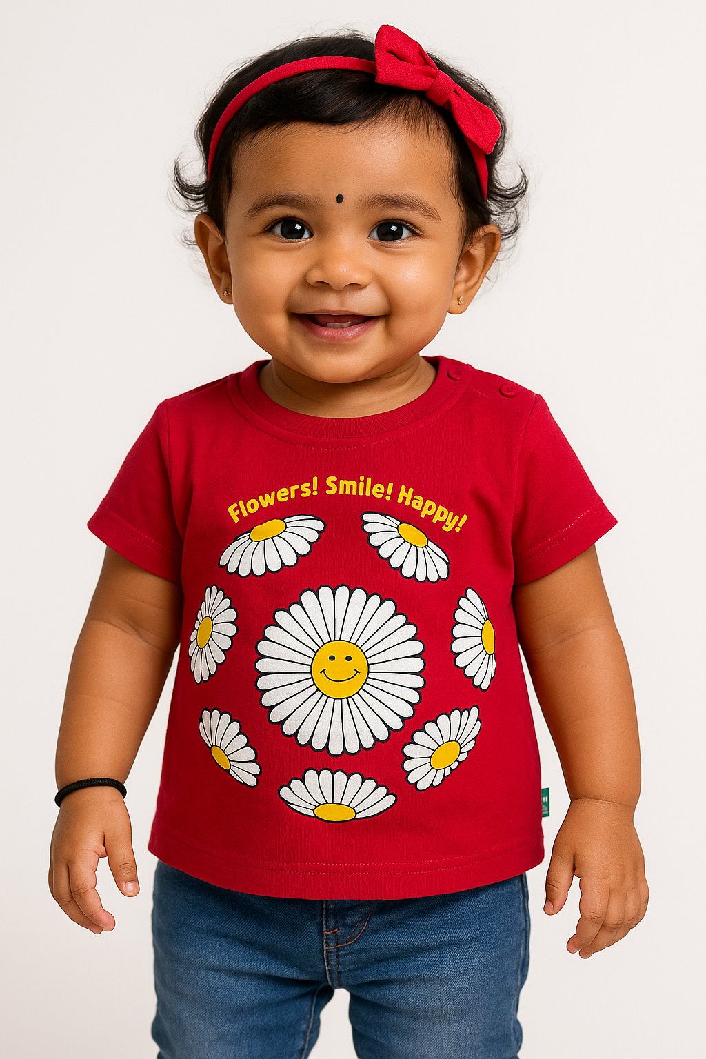 "Baby Girls Red T-Shirt with Smiley Daisy Print – 'Flowers! Smile! Happy!' Design"
