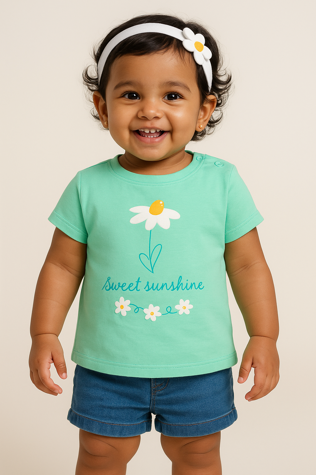 "Baby Girls Green T-Shirt with Daisy & 'Sweet Sunshine' Print – Soft Cotton Tee"