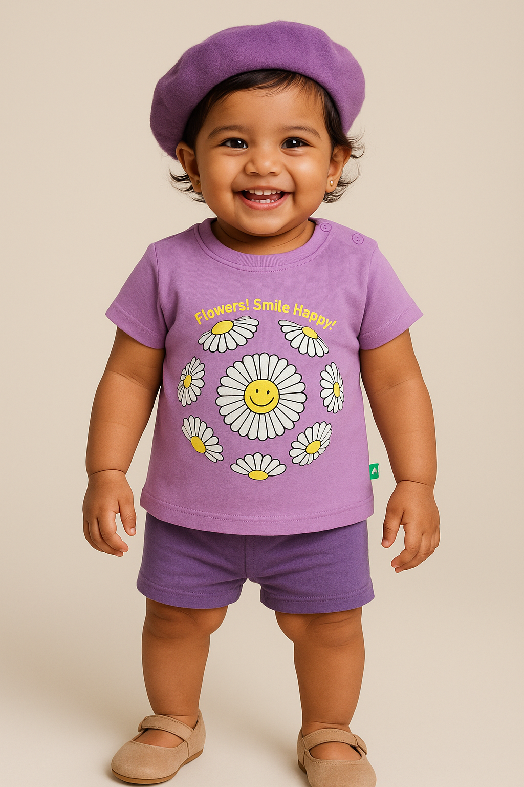 "Baby Girls Pink T-Shirt with Smiley Daisy Print – 'Flowers! Smile! Happy!' Design"