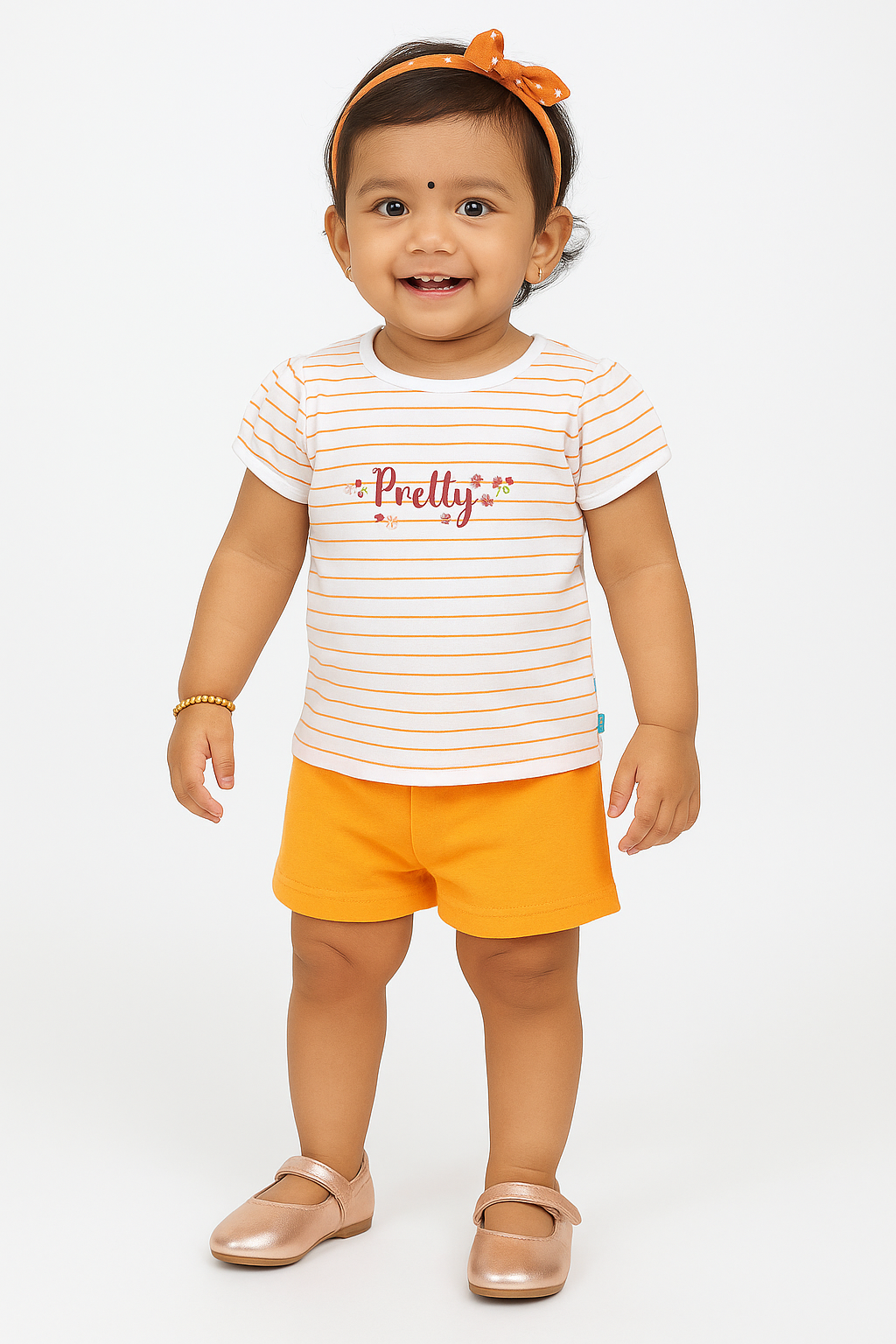 Baby Girls' Striped "Pretty" T-Shirt & Mustard Yellow Shorts Set – Casual Summer Outfit