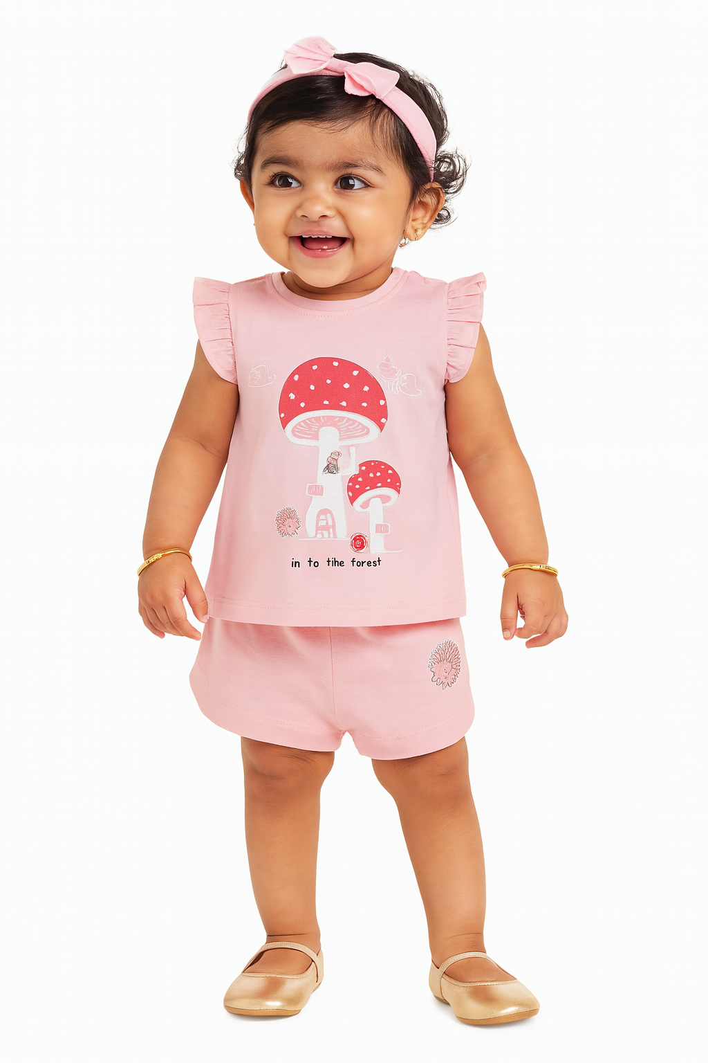 Baby Girls' Pink "In the Forest" Ruffle Sleeve T-Shirt & Shorts Set – Adorable Summer Outfit