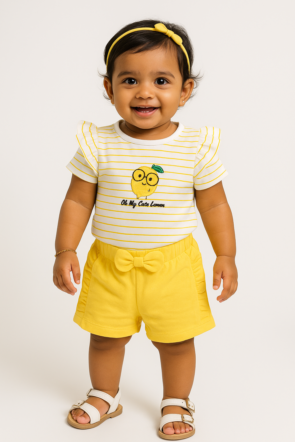 Baby Girls' Striped "Oh My Cute Lemon" Ruffle Sleeve T-Shirt & Yellow Shorts Set – Adorable Summer Outfit