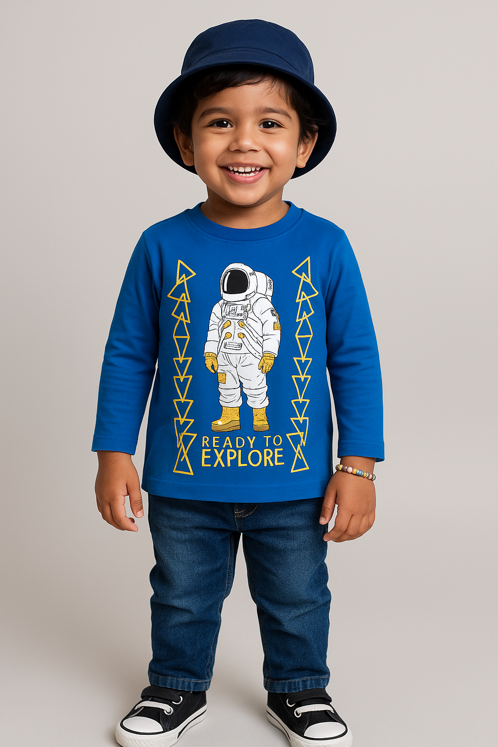 "Baby Boys' Blue Long Sleeve T-Shirt with Astronaut Print – 'Ready to Explore' Theme"