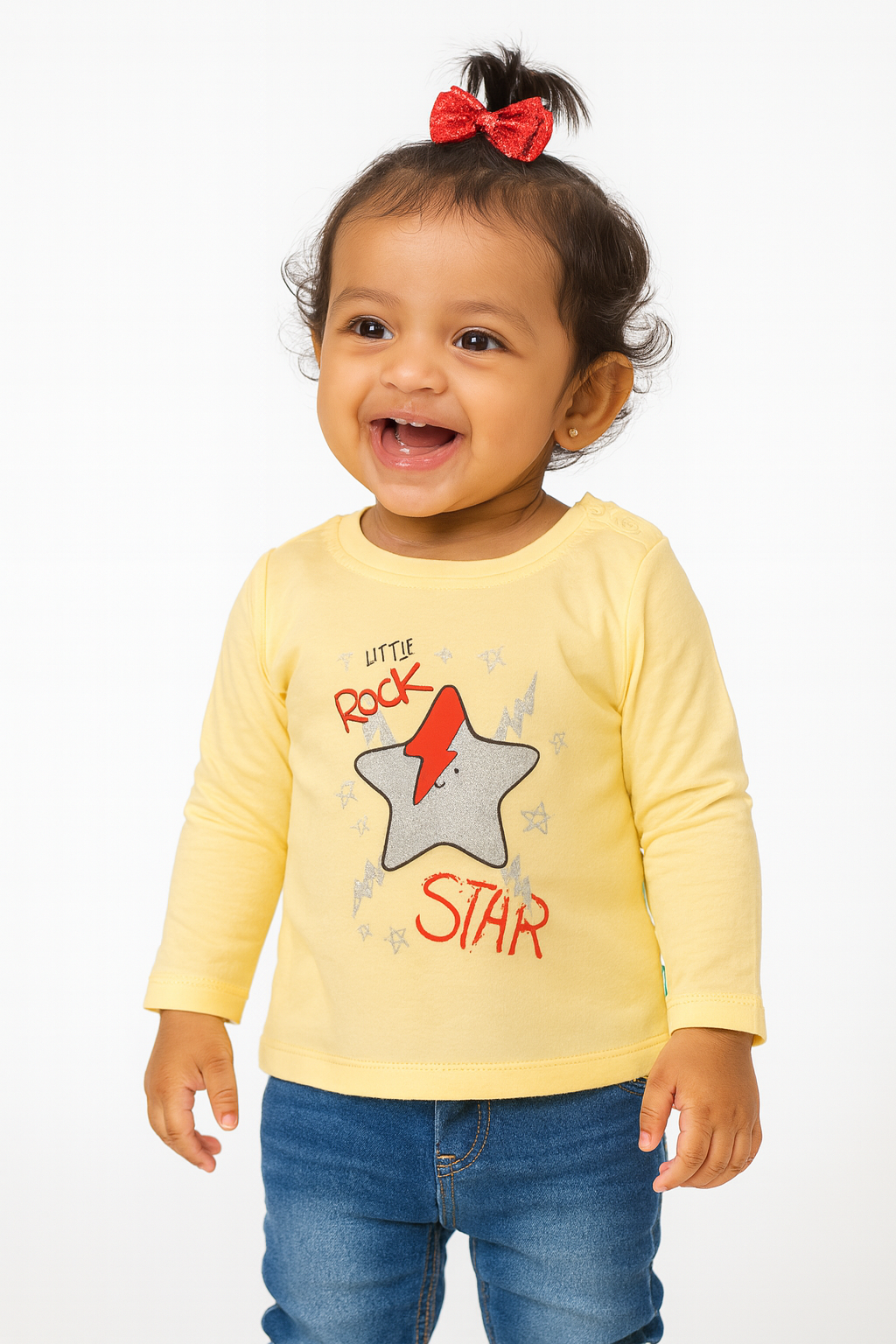 "Baby Girls' Yellow Full Sleeve T-Shirt – 'Little Rock Star' Graphic Tee with Star & Lightning Print"
