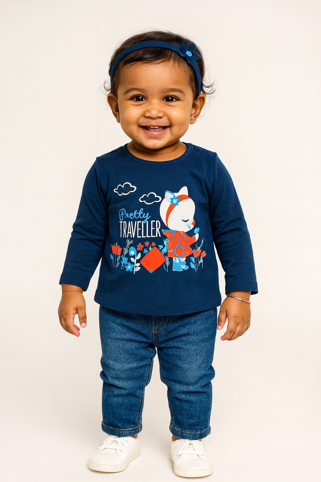 "Baby Girls' Navy Blue 'Pretty Traveler' Long Sleeve T-Shirt – Cartoon Animal Print"