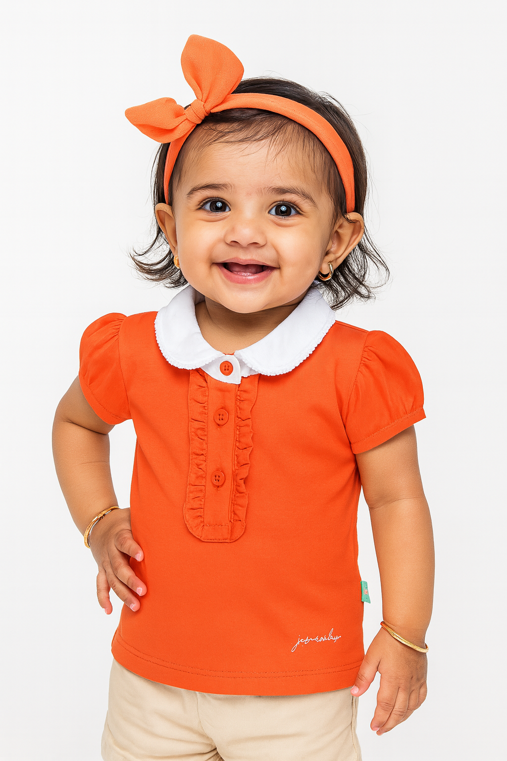 "Baby Girls' Orange Solid Polo T-Shirt with Ruffled Button Placket , White Collar & Embroidered Logo"