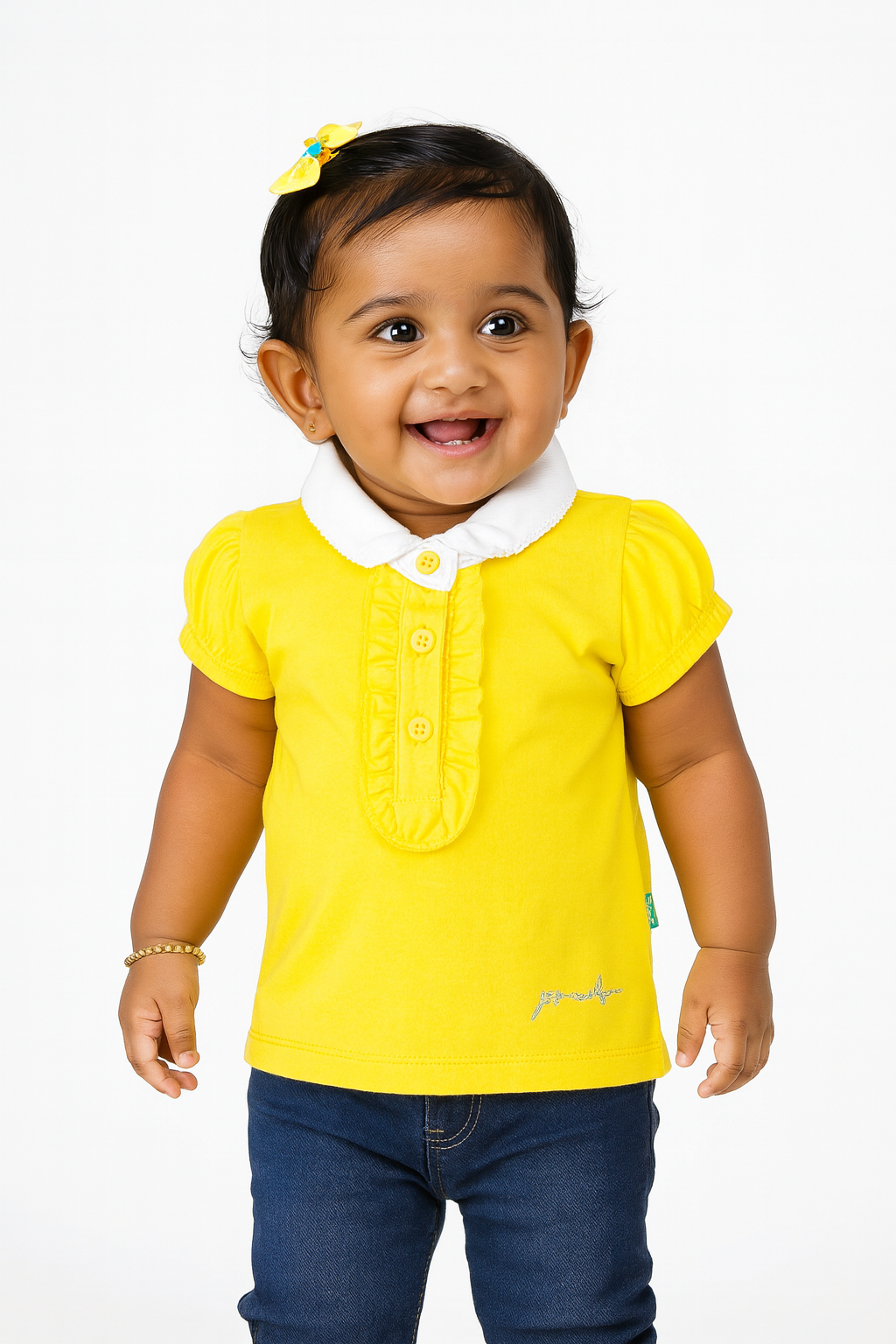 "Baby Girls' Yellow Solid Polo T-Shirt with Ruffled Button Placket , White Collar & Embroidered Logo"