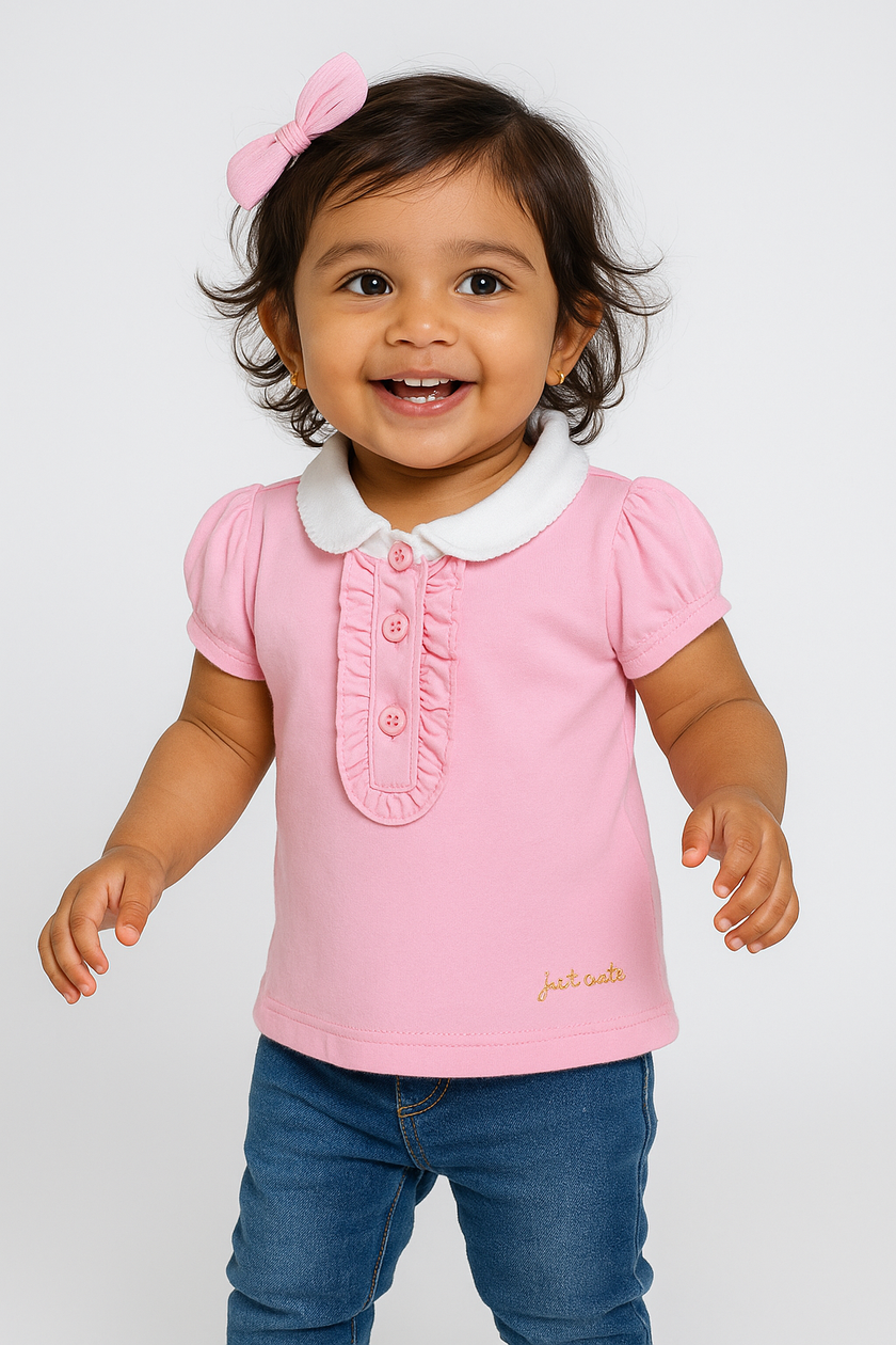 "Baby Girls' Pink Solid Polo T-Shirt with Ruffled Button Placket , White Collar & Embroidered Logo"