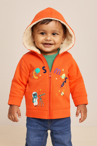 Boys' Fleece-Lined Space-Themed Hoodie – Cozy Zip-Up Jacket with Astronaut & Planet Design - Orange