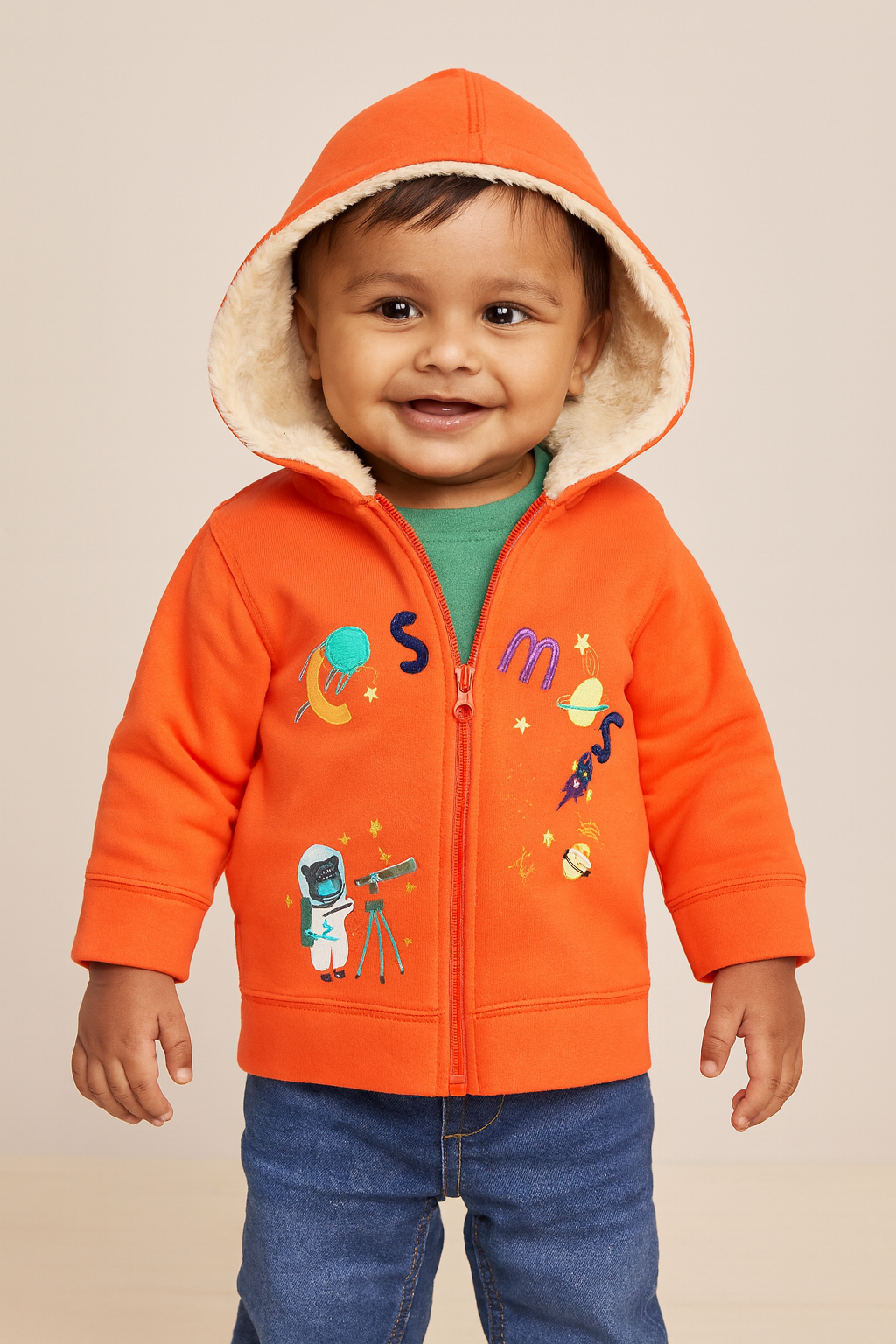 Boys' Fleece-Lined Space-Themed Hoodie – Cozy Zip-Up Jacket with Astronaut & Planet Design - Orange