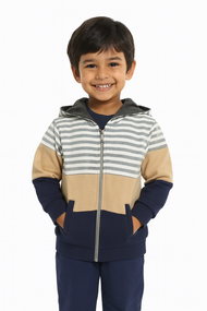 Boys Striped Colorblock Zip-Up Hoodie – Beige, Navy & Gray