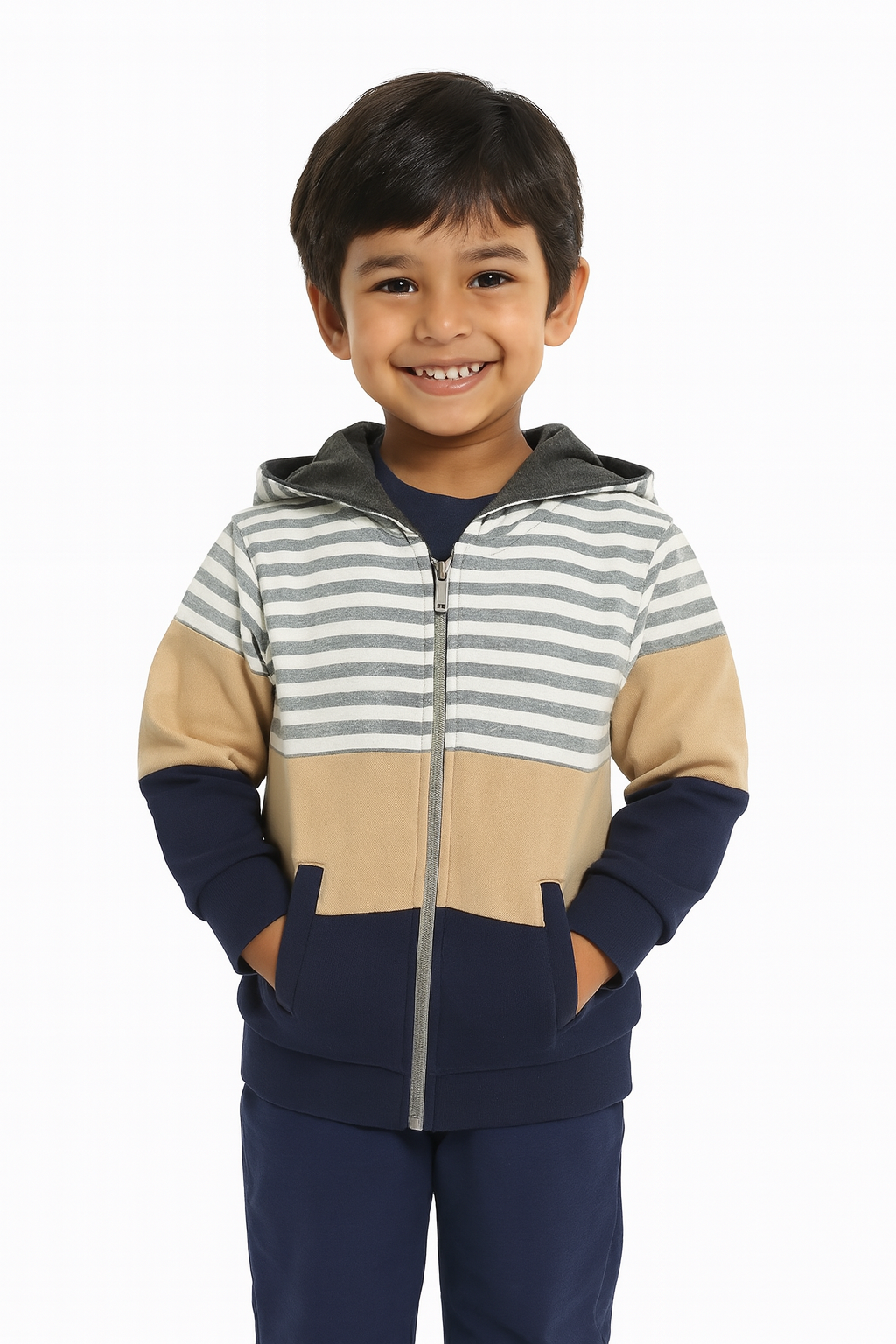 Boys Striped Colorblock Zip-Up Hoodie – Beige, Navy & Gray