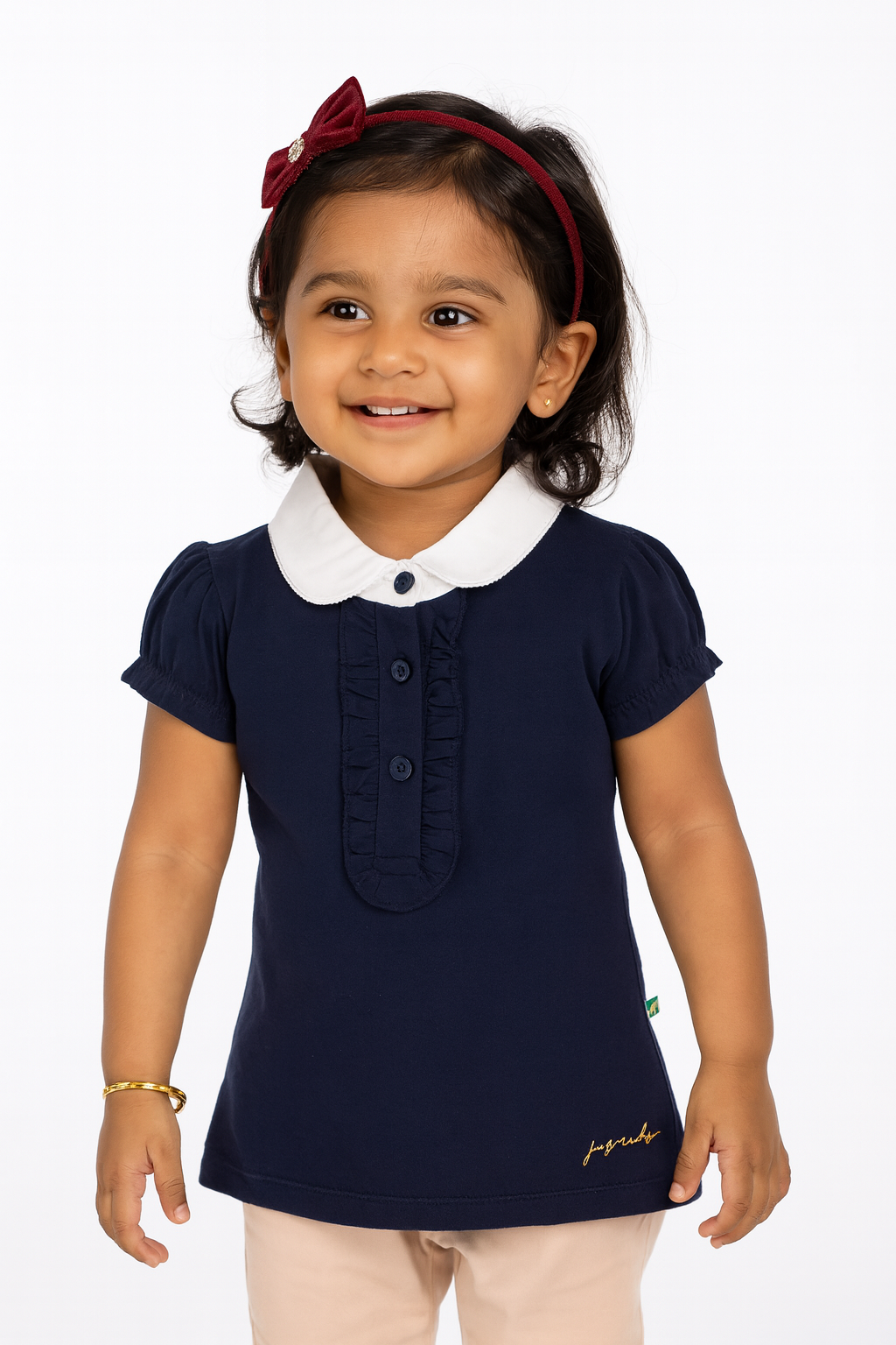"Baby Girls' Navy Blue Solid Polo T-Shirt with Ruffled Button Placket , White Collar & Embroidered Logo"