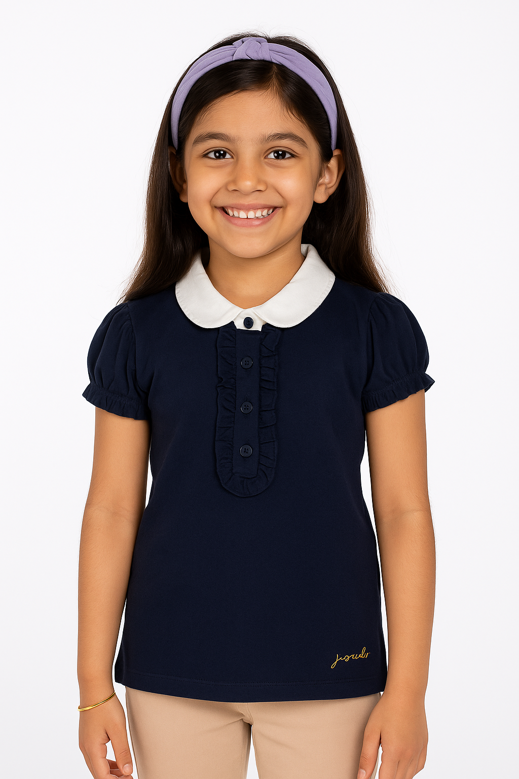 "Girls' Navy Blue Solid Polo T-Shirt with Ruffled Button Placket , White Collar & Embroidered Logo"
