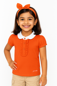 "Girls' Orange Solid Polo T-Shirt with Ruffled Button Placket , White Collar & Embroidered Logo"