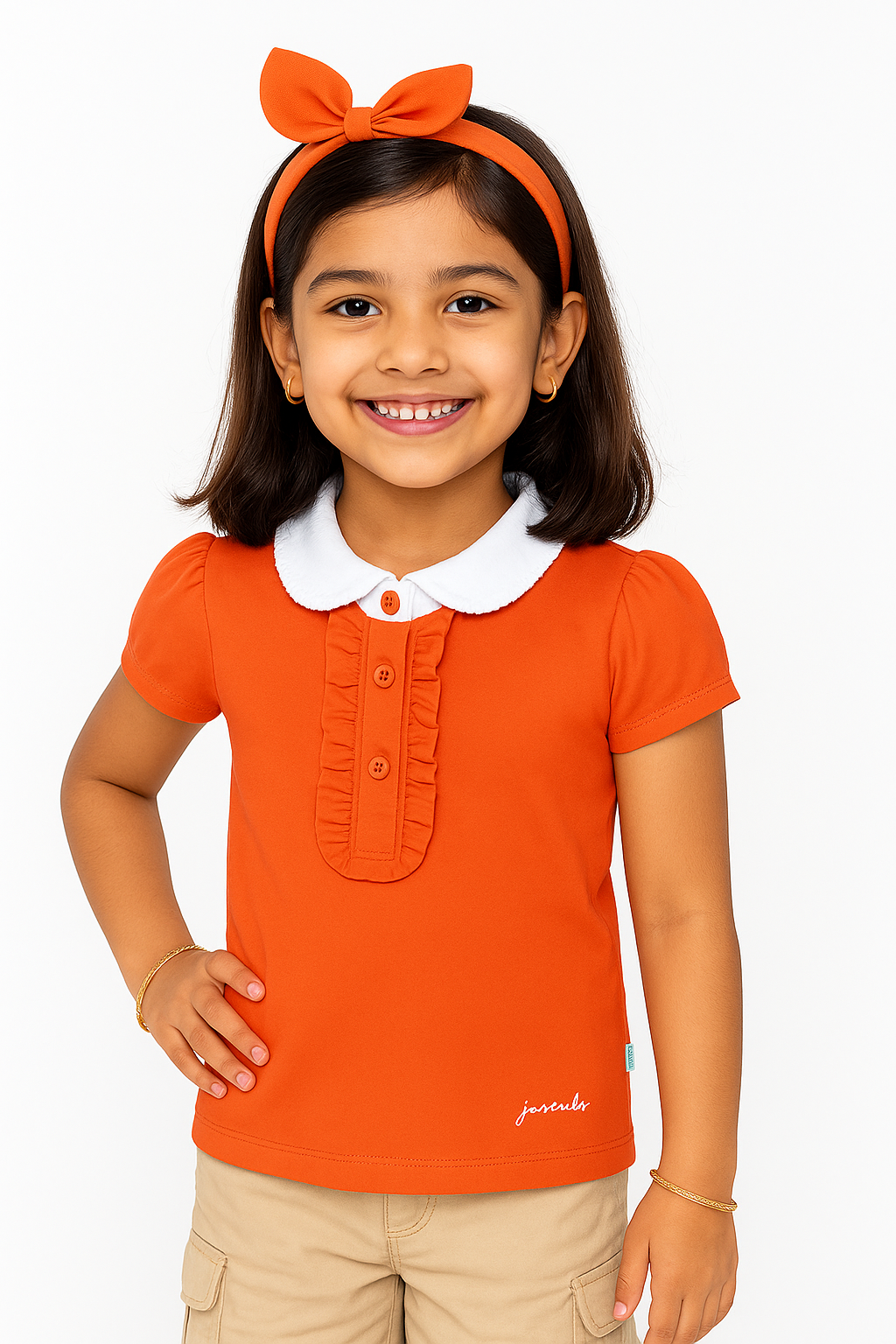 "Girls' Orange Solid Polo T-Shirt with Ruffled Button Placket , White Collar & Embroidered Logo"