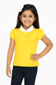 "Girls' Yellow Solid Polo T-Shirt with Ruffled Button Placket , White Collar & Embroidered Logo"