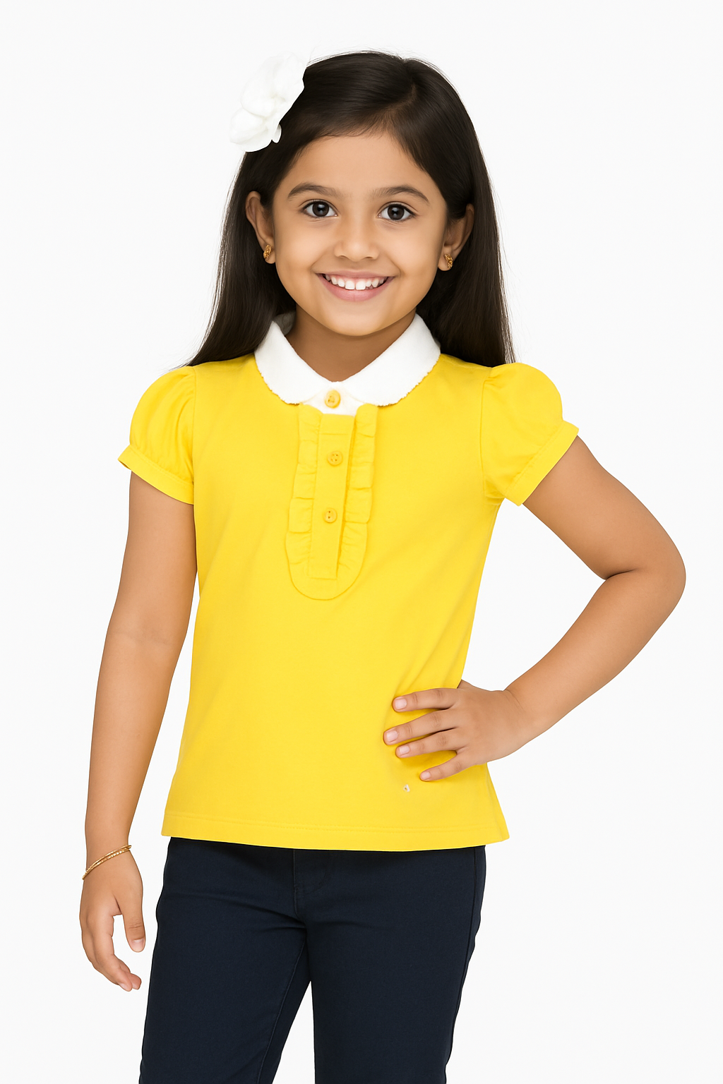 "Girls' Yellow Solid Polo T-Shirt with Ruffled Button Placket , White Collar & Embroidered Logo"