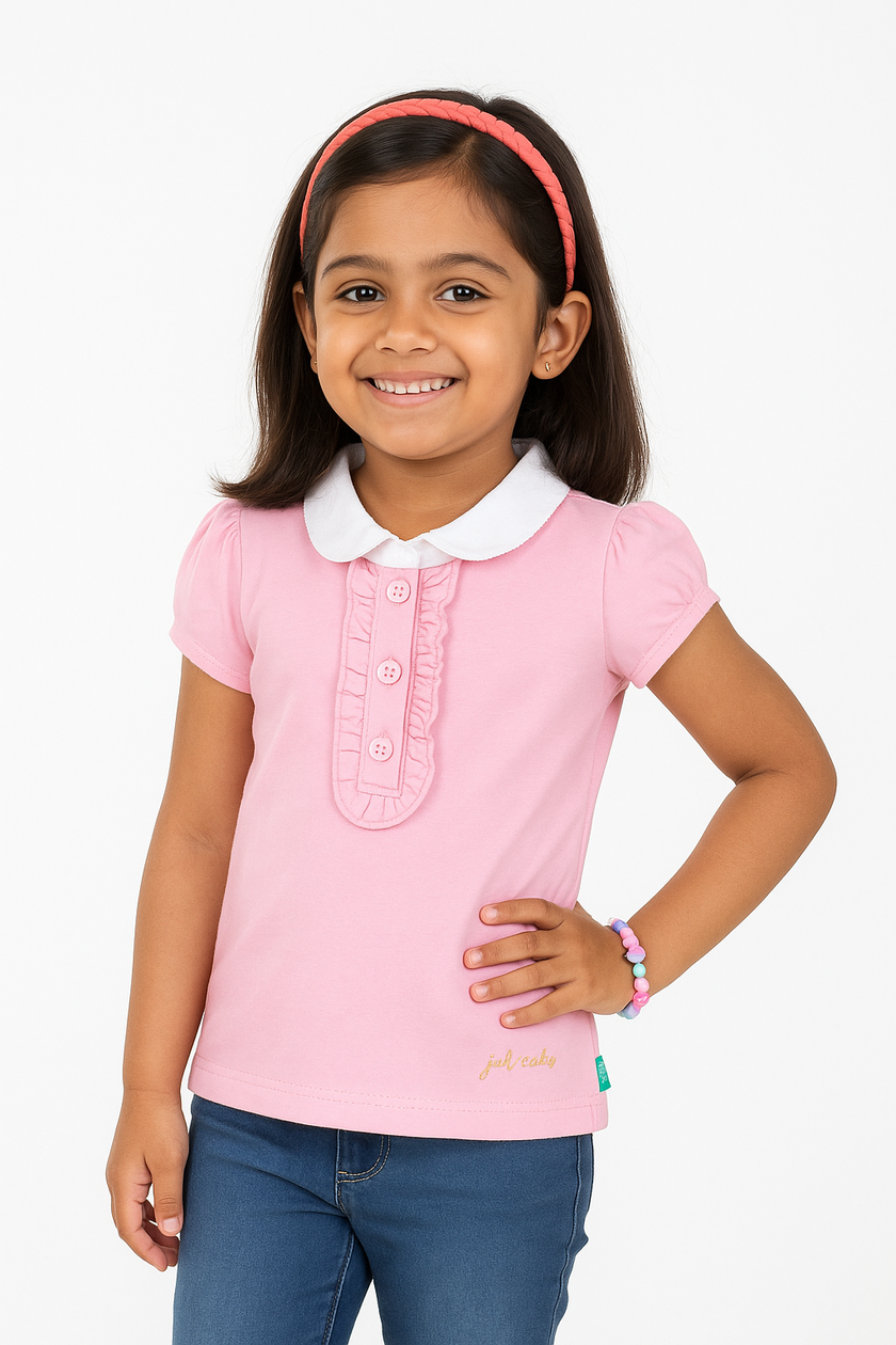"Girls' Pink Solid Polo T-Shirt with Ruffled Button Placket , White Collar & Embroidered Logo"