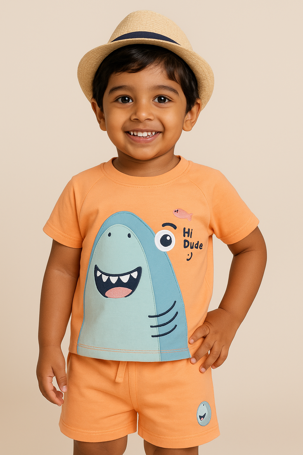 Boys Peach Shark Print T-Shirt & Shorts Set – "Hi Dude" Design