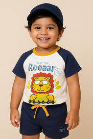 Boys Roaring Lion T-Shirt & Shorts Set – Fun Animal Print (White, Navy & Yellow)