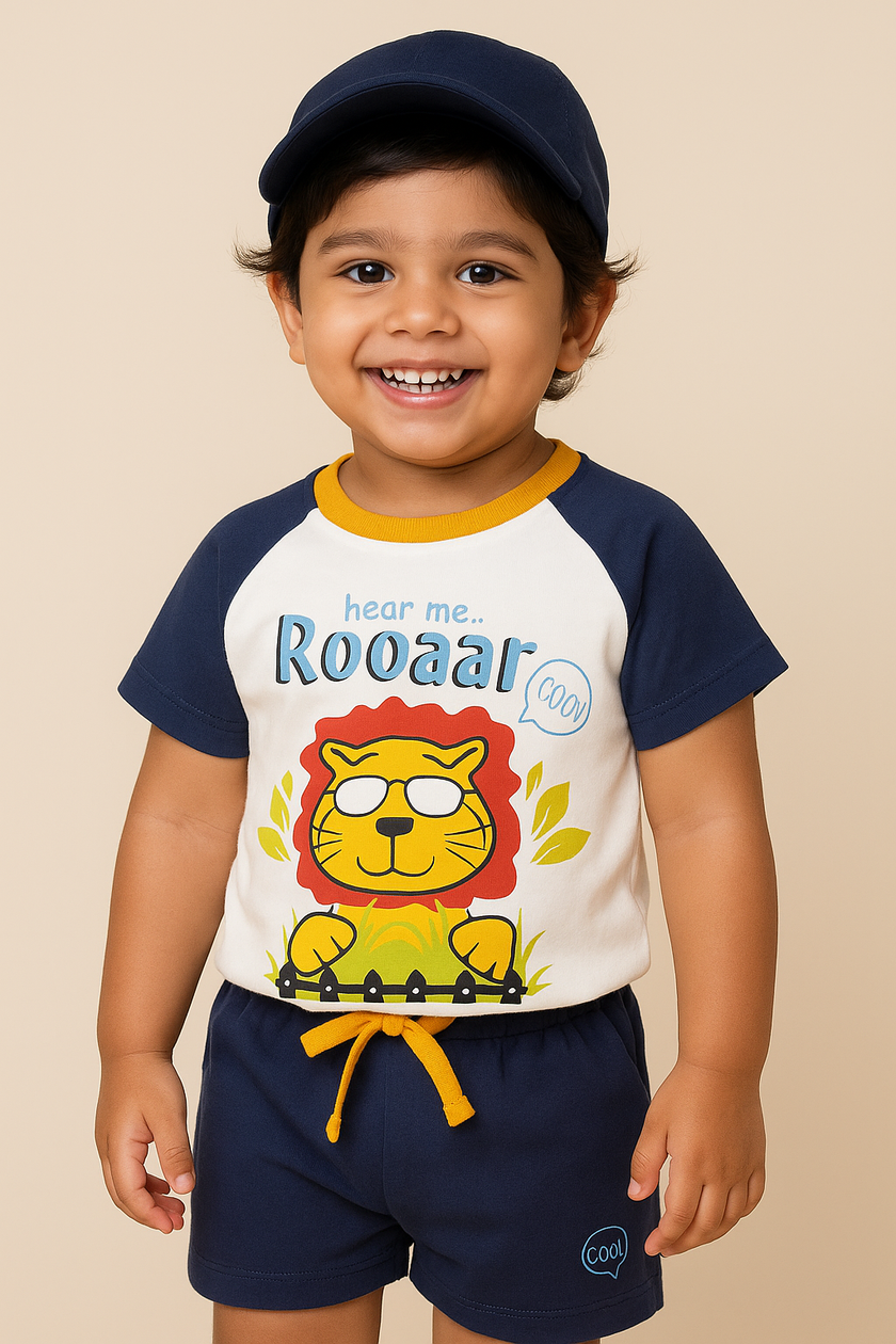 Boys Roaring Lion T-Shirt & Shorts Set – Fun Animal Print (White, Navy & Yellow)