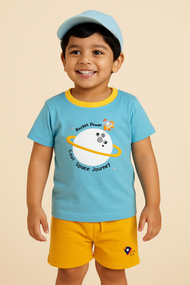 Boys Space-Themed T-Shirt & Shorts Set – Rocket Power Design (Blue & Yellow)