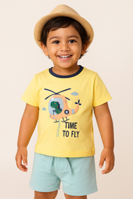 "Boys' Helicopter-Themed T-Shirt & Shorts Set – 'Time to Fly' Design"