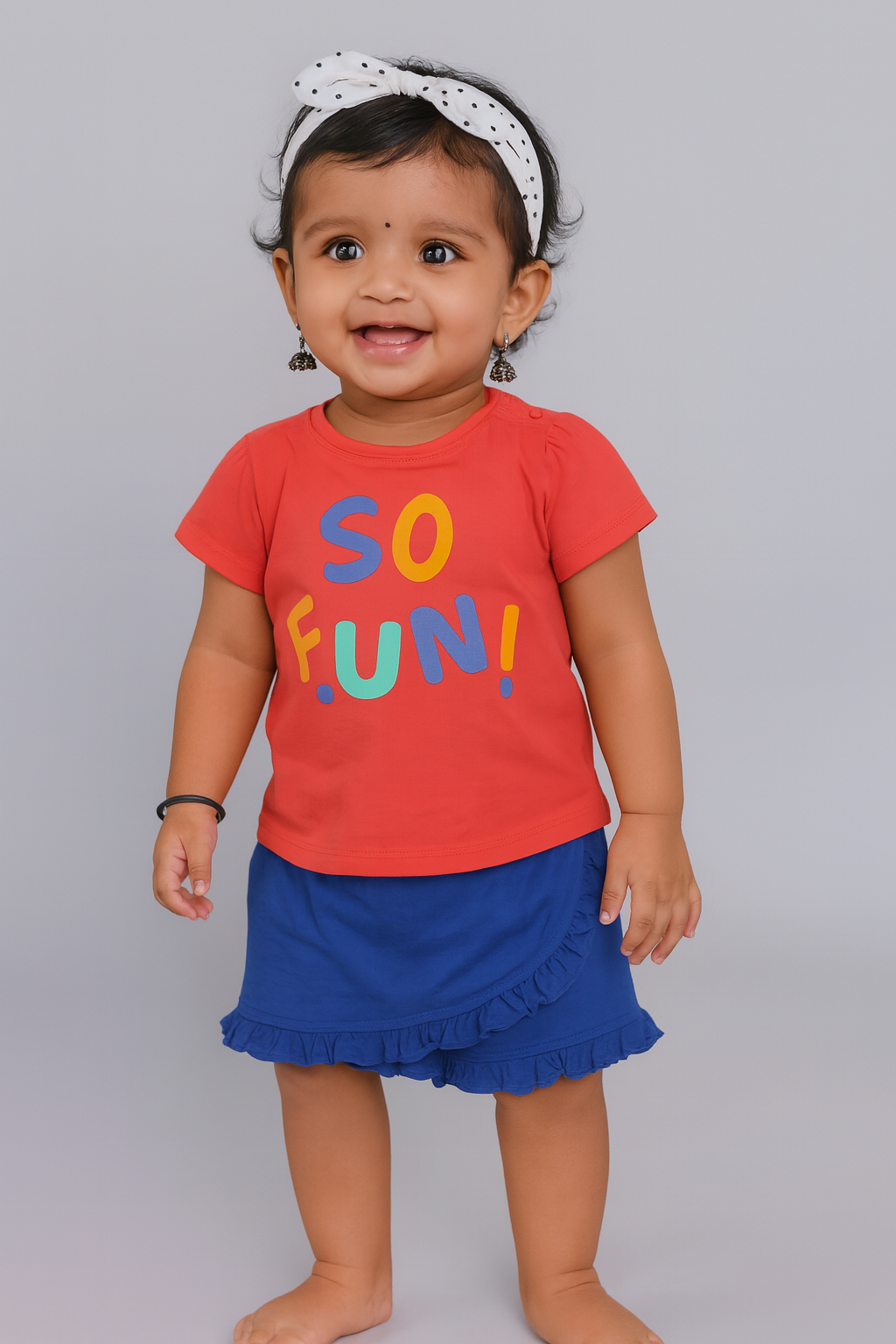 Baby Girls' "So Fun!" Red T-Shirt & Blue Ruffle Shorts Set – Casual Summer Outfit