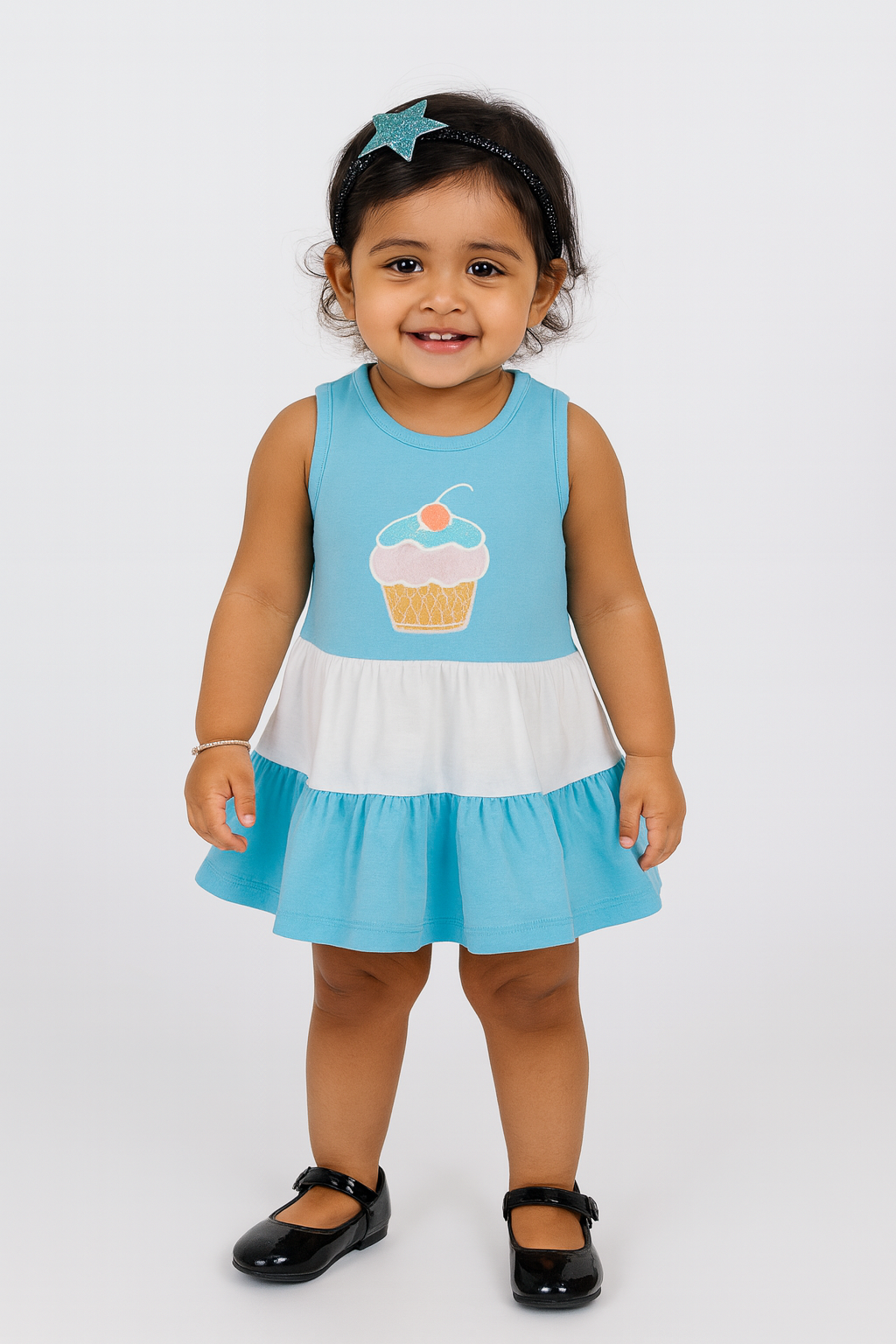 Baby Girls' Blue and White Sleeveless Dress with Cupcake Print