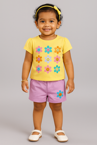 Baby Girls' Floral Fun Outfit Set – Yellow Smiley Flower T-Shirt & Pink Shorts, Cute & Comfortable Summer Wear