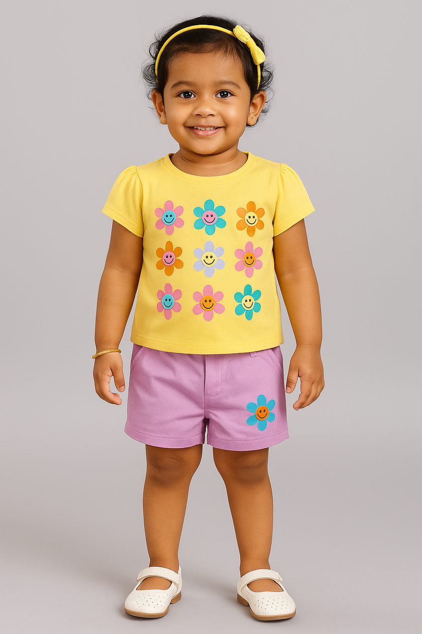 Baby Girls' Floral Fun Outfit Set – Yellow Smiley Flower T-Shirt & Pink Shorts, Cute & Comfortable Summer Wear